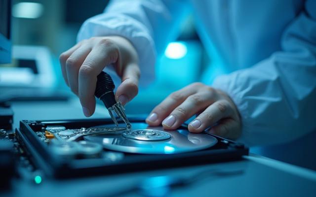 데이터 복구 과정 중인 기술자가 전문 장비를 사용하여 하드디스크를 다루는 모습