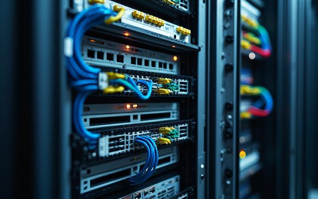다양한 네트워크 장비와 복잡한 케이블이 깔끔하게 연결된 서버 랙