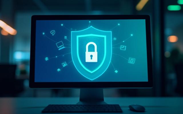 보안 소프트웨어 인터페이스가 보이는 컴퓨터 화면과 자물쇠 아이콘